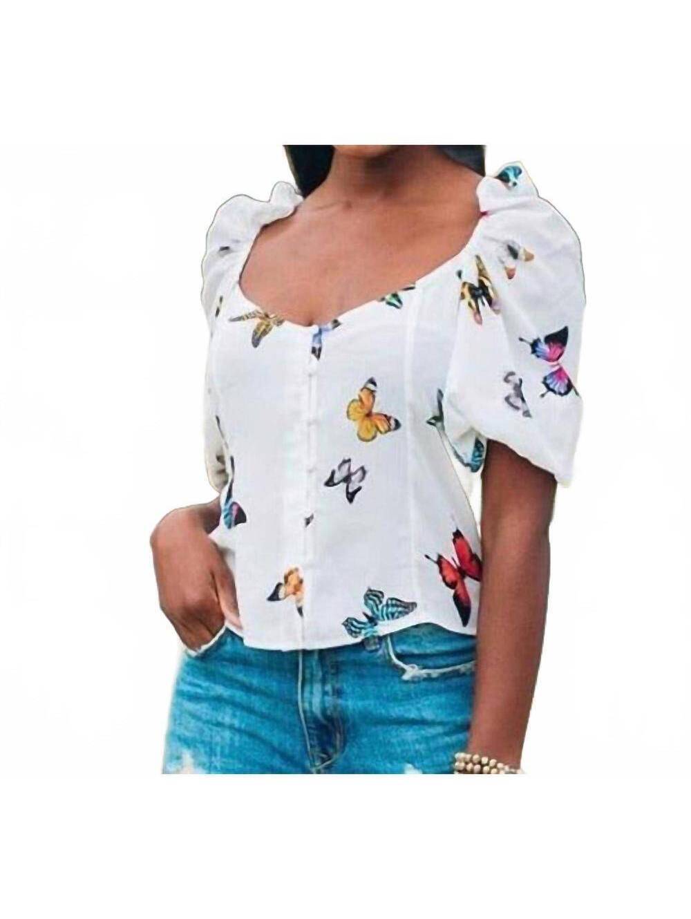 NWT Buddy Love White Butterfly Print Crop Blouse Top Small